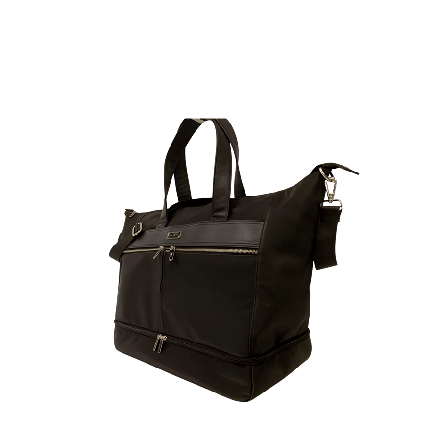 Black big travelling tote bag with shoes pocket and front zip pocket