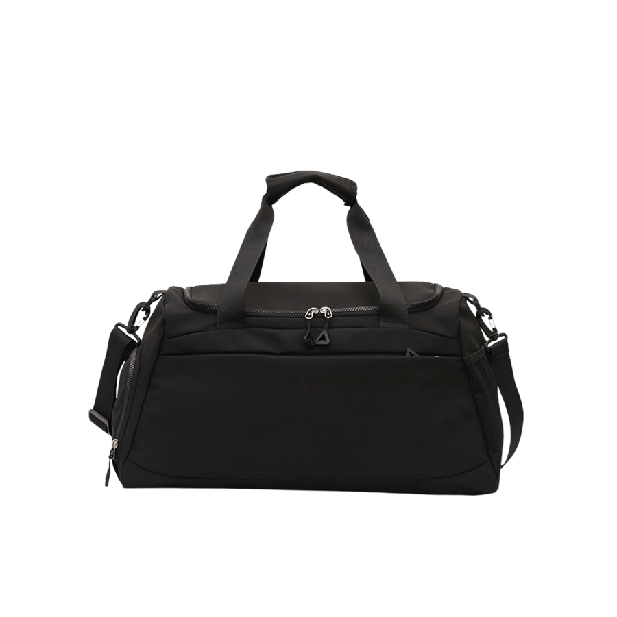 Black travelling duffel bag with side pockets and front zip pocket