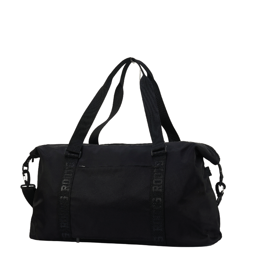 Black duffel bag for travelling with front zipper pocket