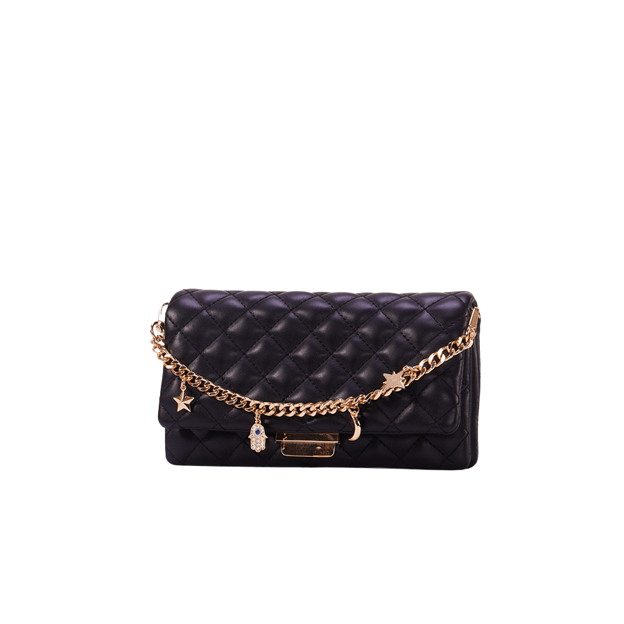 Black quilting ladies crossbody bag with lock closure and detachable chain handle
