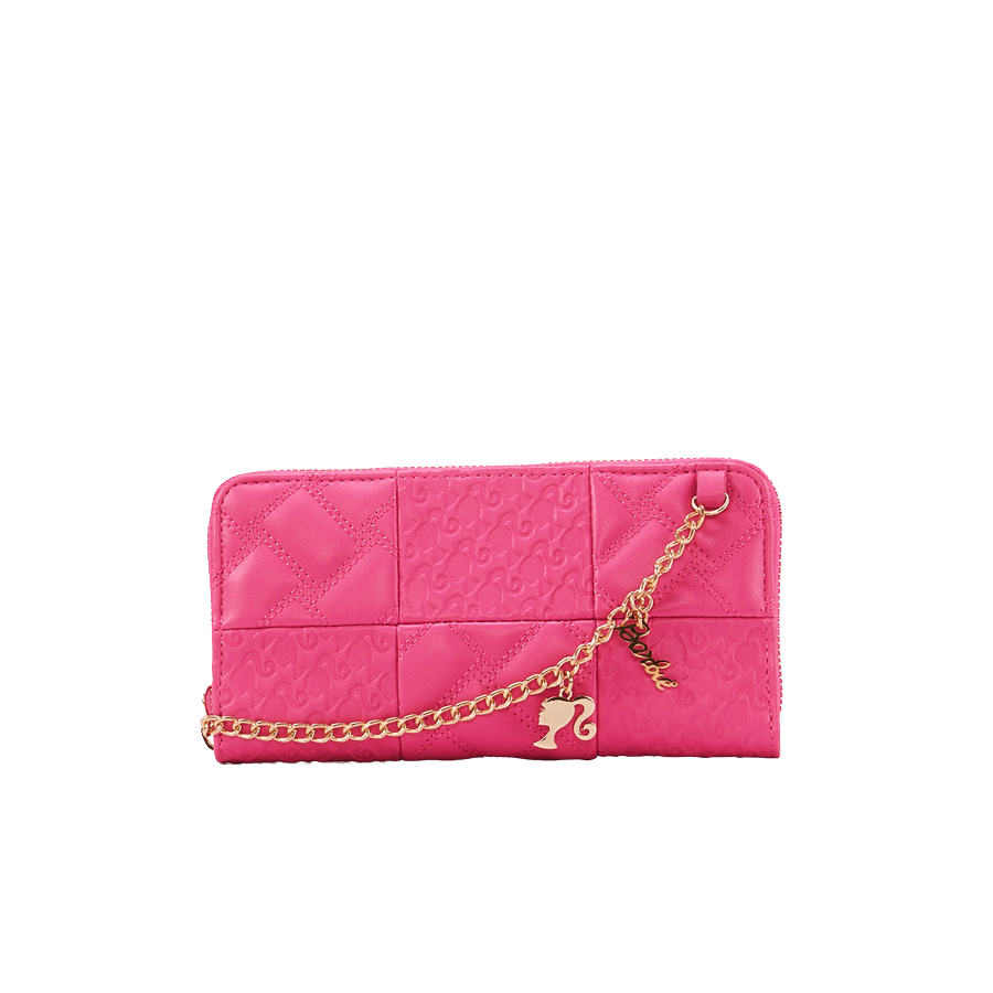 Pink barbie ladies wallet iwth chain wrist handle and top zip closure