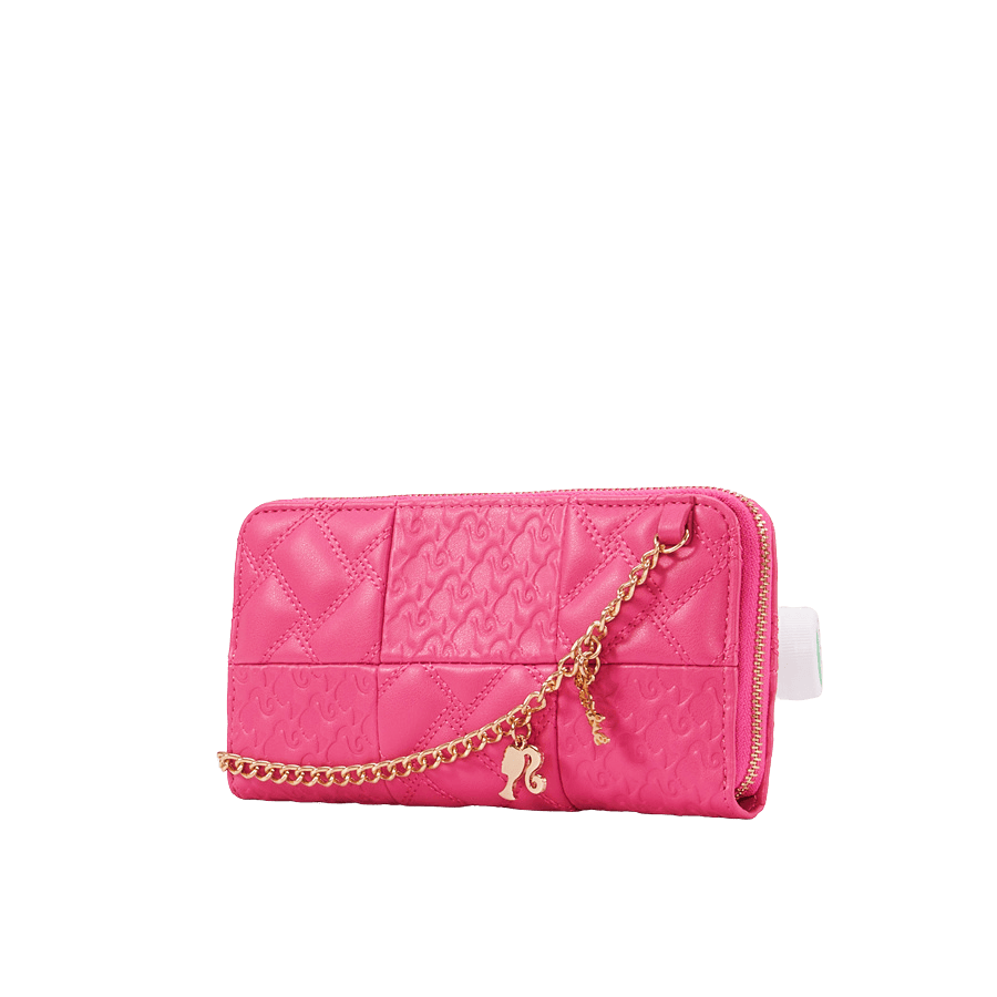 Pink barbie ladies wallet iwth chain wrist handle and top zip closure